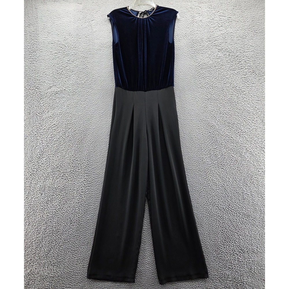 Zara Womens Open Back Velvet Chiffon Pants Jumpsuit XS Blue Black Cap Sleeve